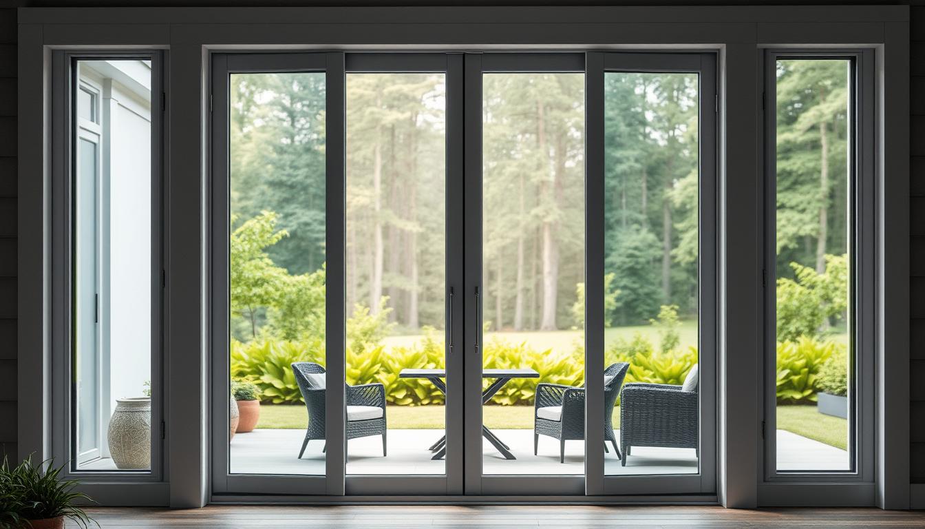 Energy-efficient patio doors with double glazing and modern frames, providing a clear view of a backyard patio with outdoor furniture and lush greenery.