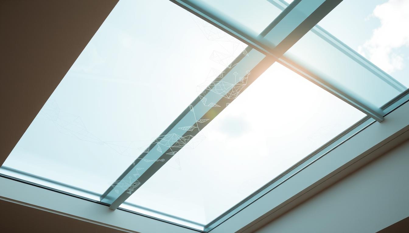 Close-up view of energy-efficient skylight glass with modern low-E coating, allowing natural light while reducing heat gain.