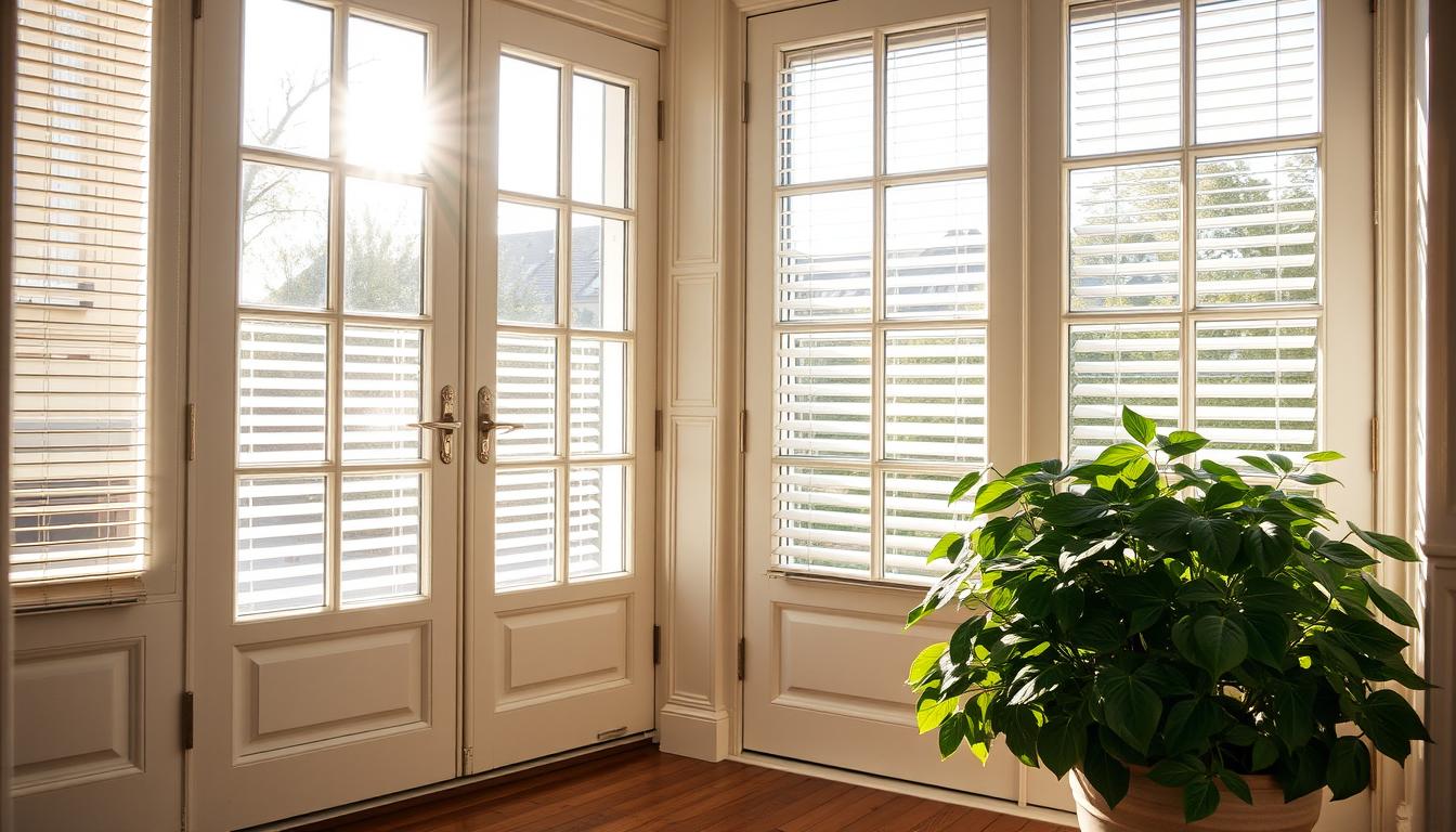 French patio doors with built-in blinds, white framing, and natural sunlight streaming through, next to a large green potted plant on hardwood flooring.