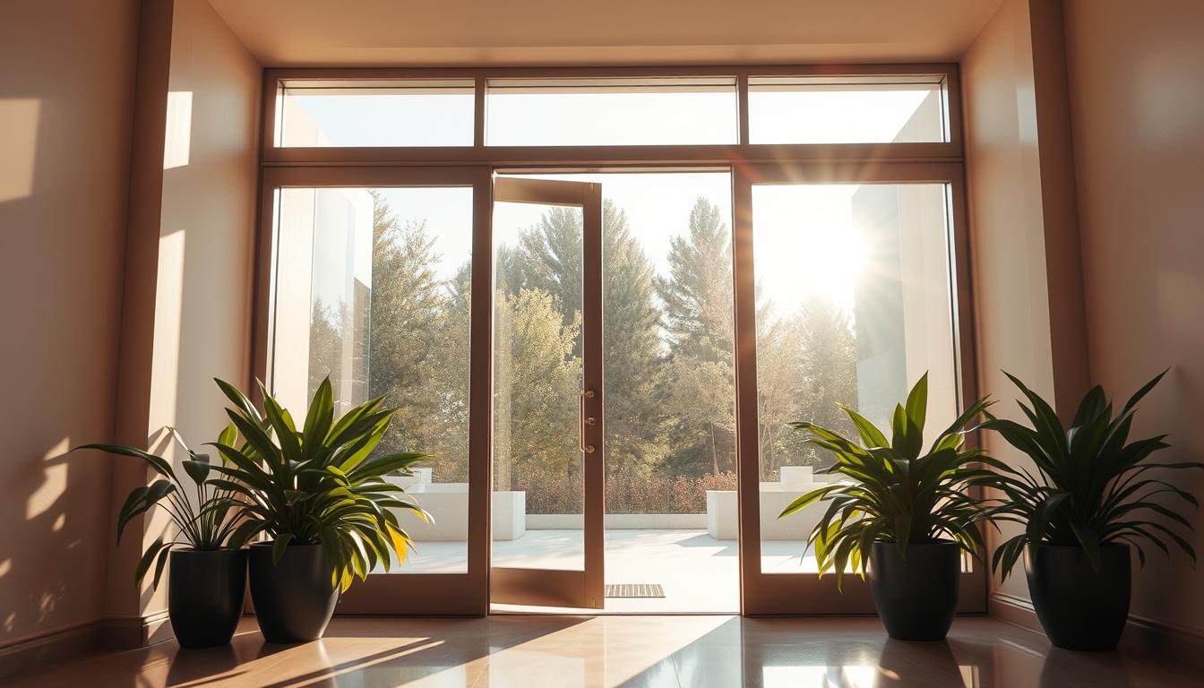 Glass entry doors with sidelights and transom windows, welcoming natural sunlight into a stylish interior with potted plants.