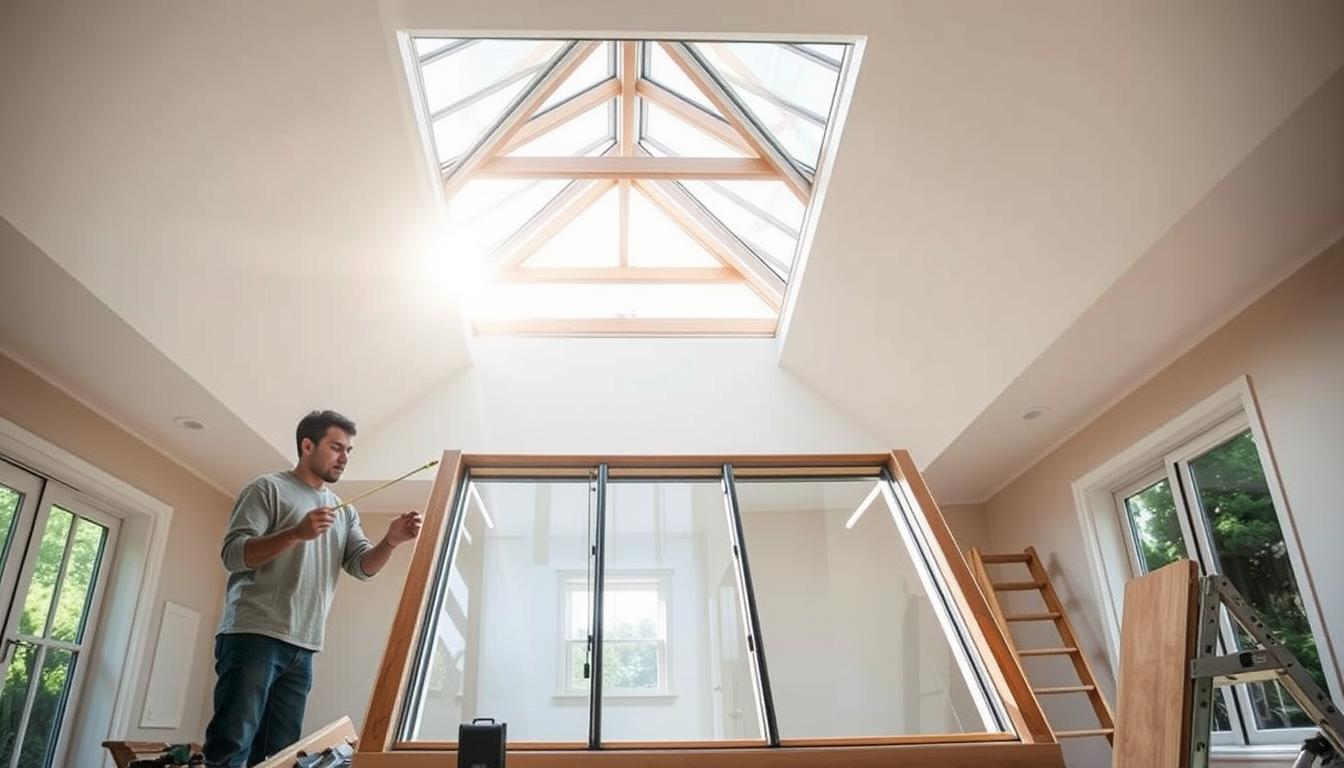 Technician measuring frame for skylight replacement inside a bright room with large wooden-framed skylight overhead.