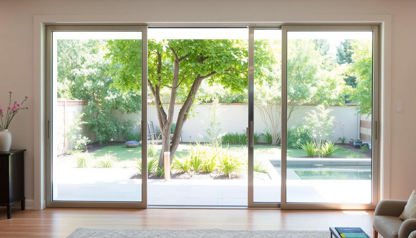 Sliding glass doors opening to a backyard garden with trees and a small pool, bringing in natural light to a modern living space.
