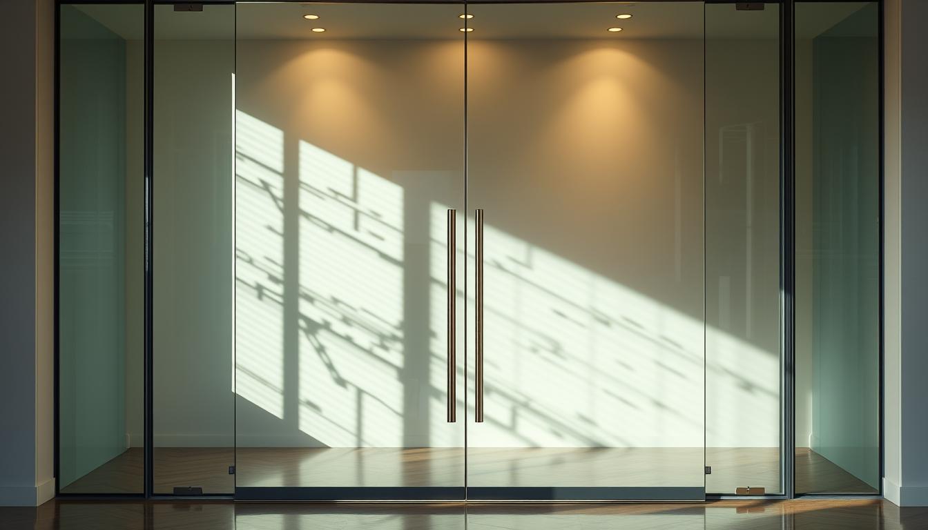 Specialized glass doors with black metal frames and tall vertical handles in a modern interior, designed for enhanced aesthetics and durability.