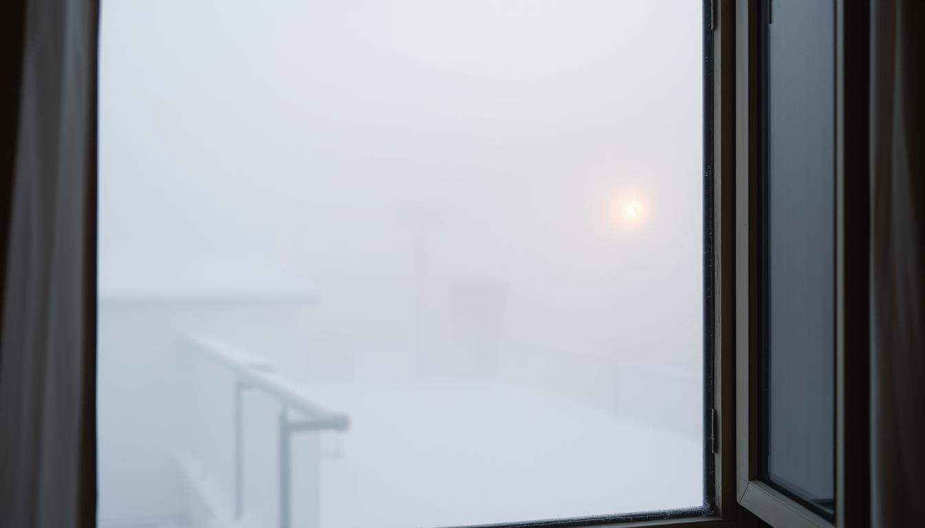 Foggy residential window with obstructed outdoor view, illustrating the need for replacement options for foggy windows