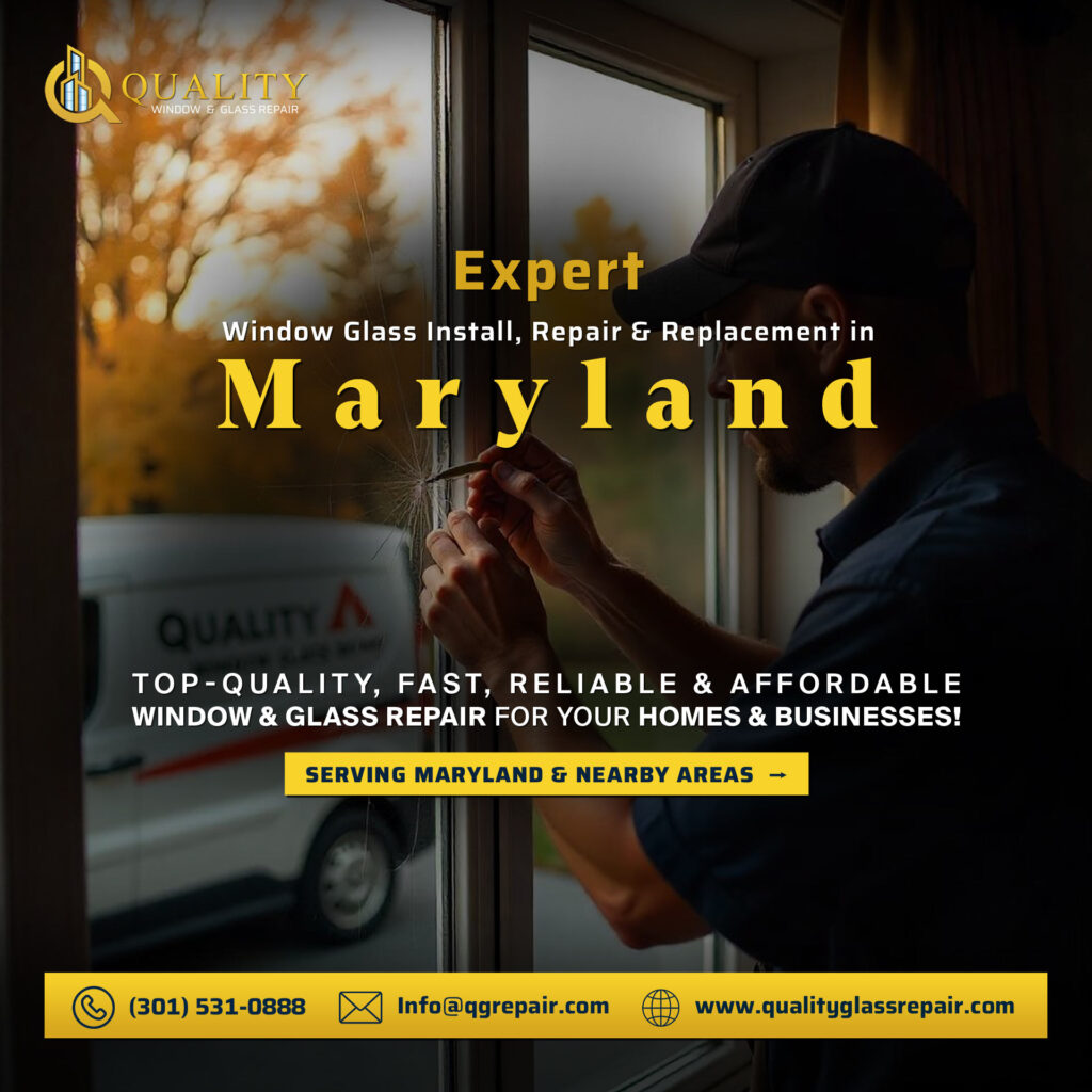 Professional window glass repair services available throughout Maryland