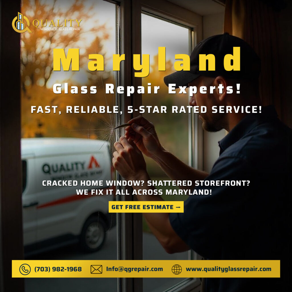 close-up of window repair technician working on Maryland home with Quality Glass Repair van visible