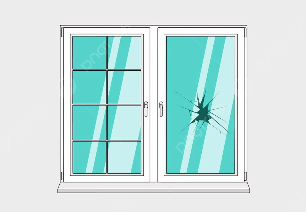 Illustration of a window with one pane featuring broken glass, emphasizing the need for professional glass repair services.
