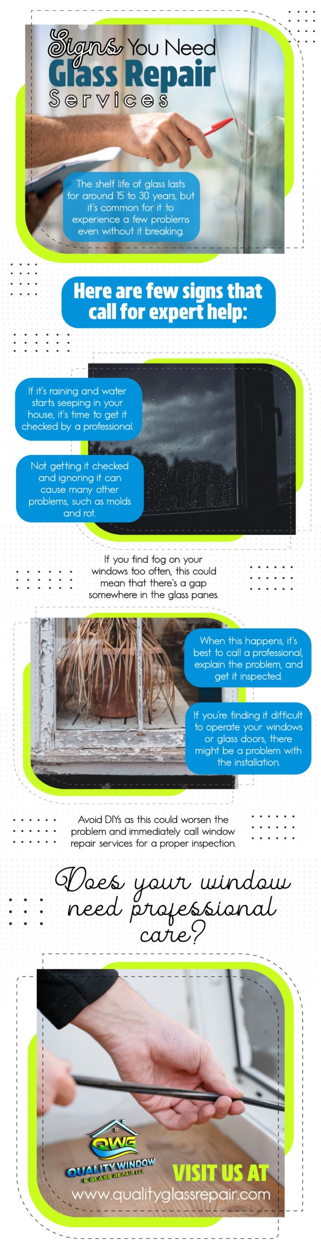 Informational graphic about signs indicating the need for window glass repair services, featuring images of damaged and repaired windows.