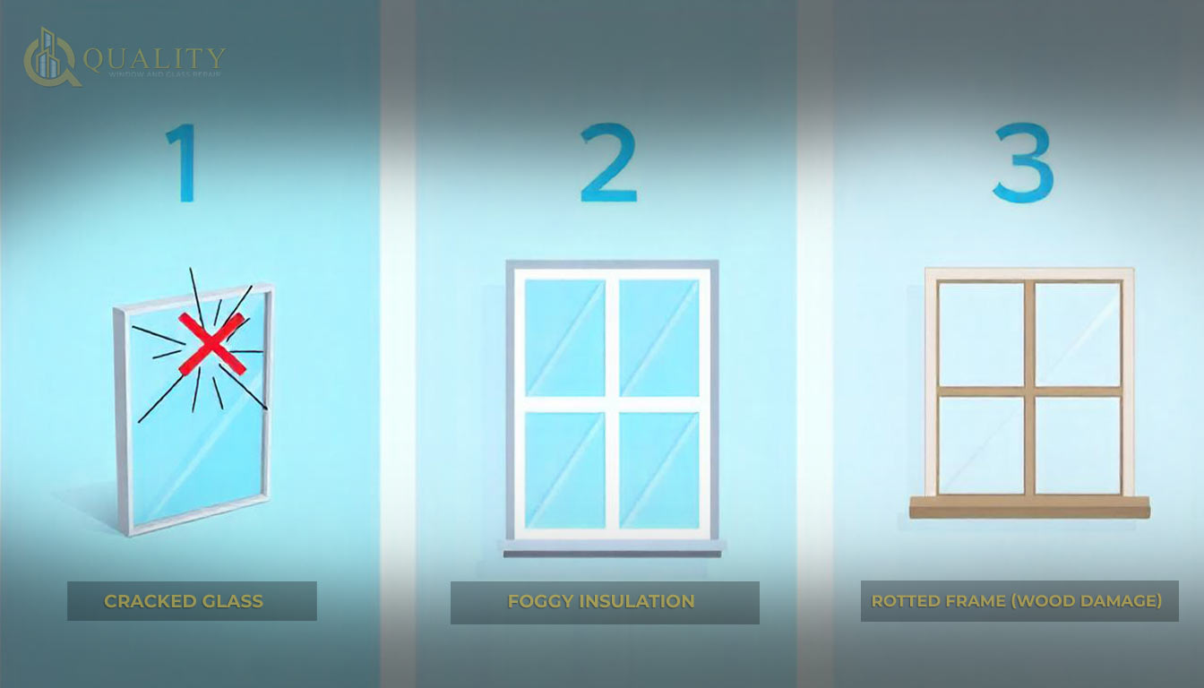 Infographic: 3 most common window repairs—broken glass, foggy seals, and frame damage
