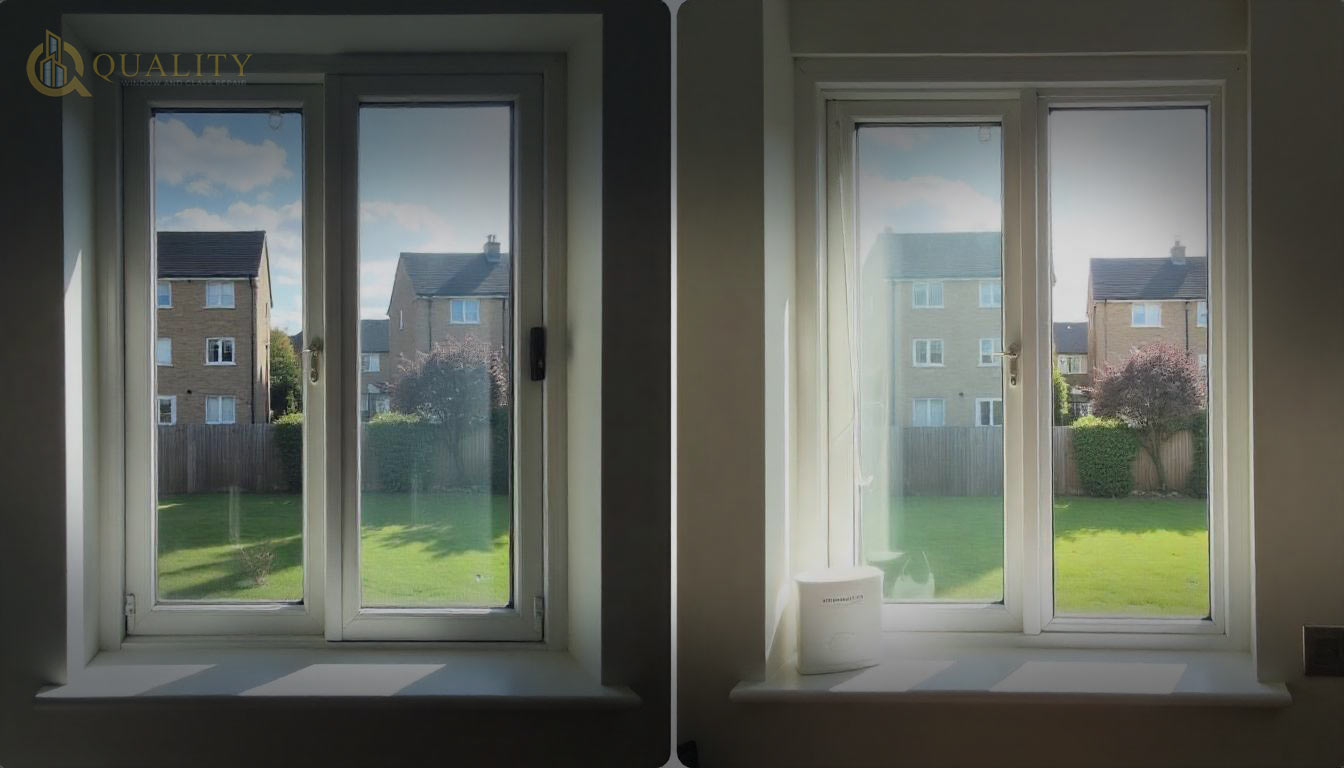 Window repair transformation—cracked glass vs. professionally replaced pane by Quality Window & Glass repair