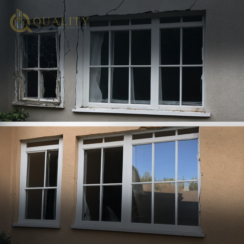 Window repair transformation—cracked glass vs. professionally replaced pane in DMV Area