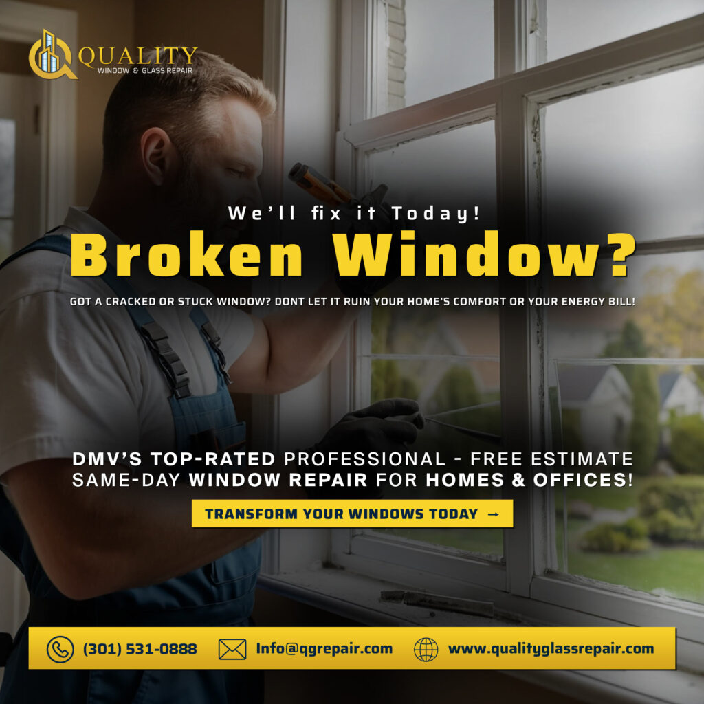 Local window repair expert replacing a broken double-pane window in DMV Area