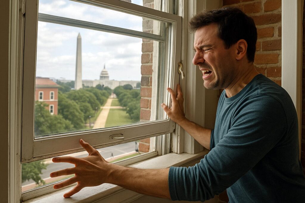 Annoyed DMV resident fixing stuck window with broken balance spring