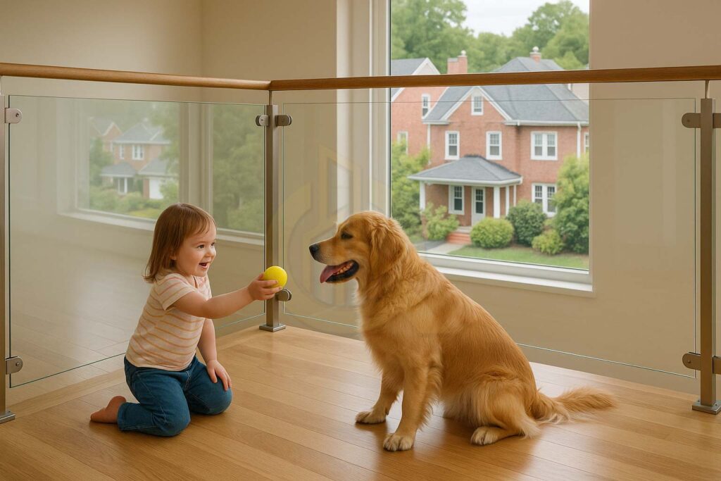 Happy child and golden retriever playing safely near durable glass railings