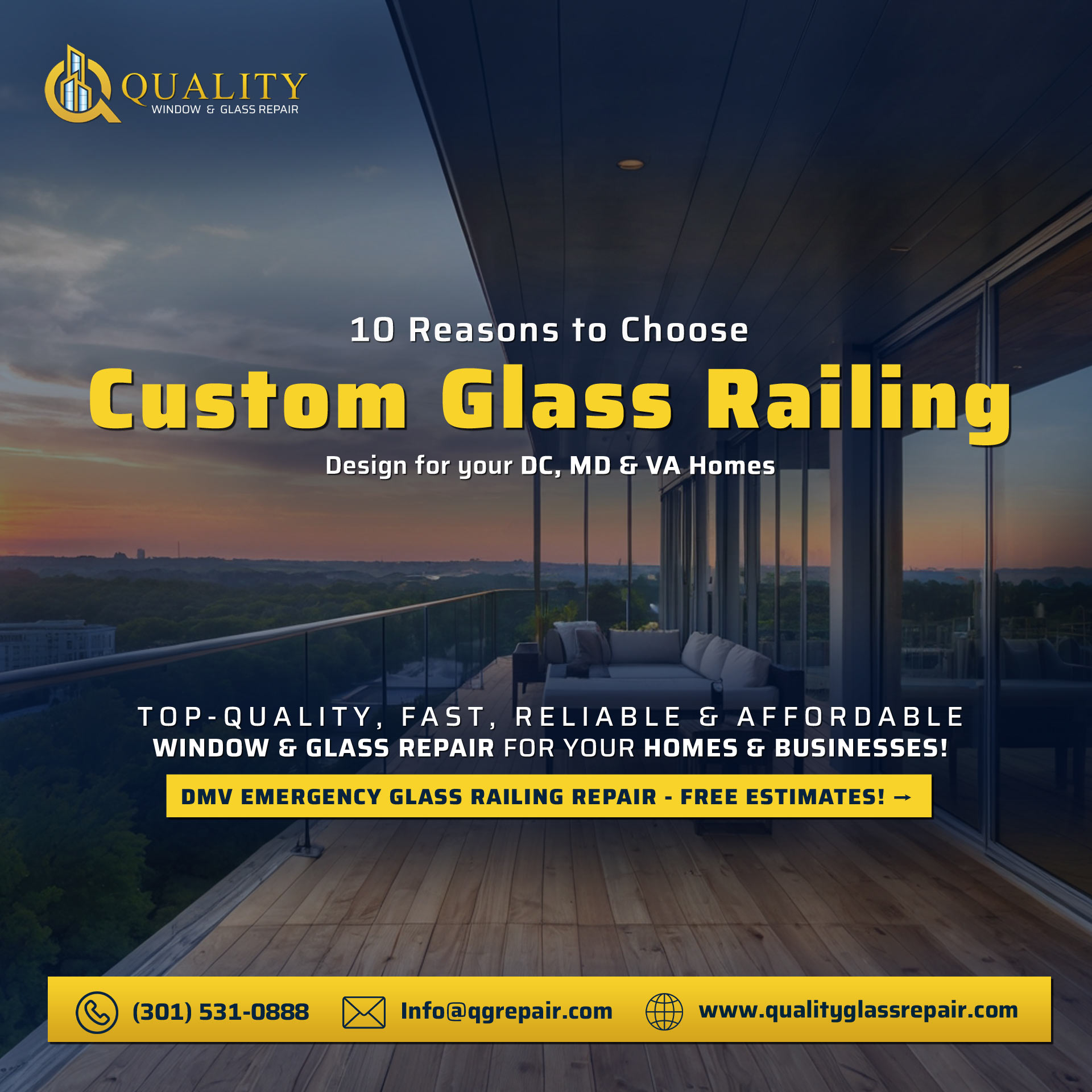 Luxury frameless glass railings on Potomac home deck showcasing Washington Monument view at sunset - Quality Glass Repair DMV installation
