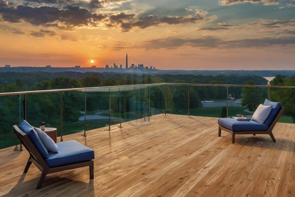 Luxury frameless glass railings on Potomac home deck showcasing Washington Monument view at sunset - Quality Glass Repair DMV installation