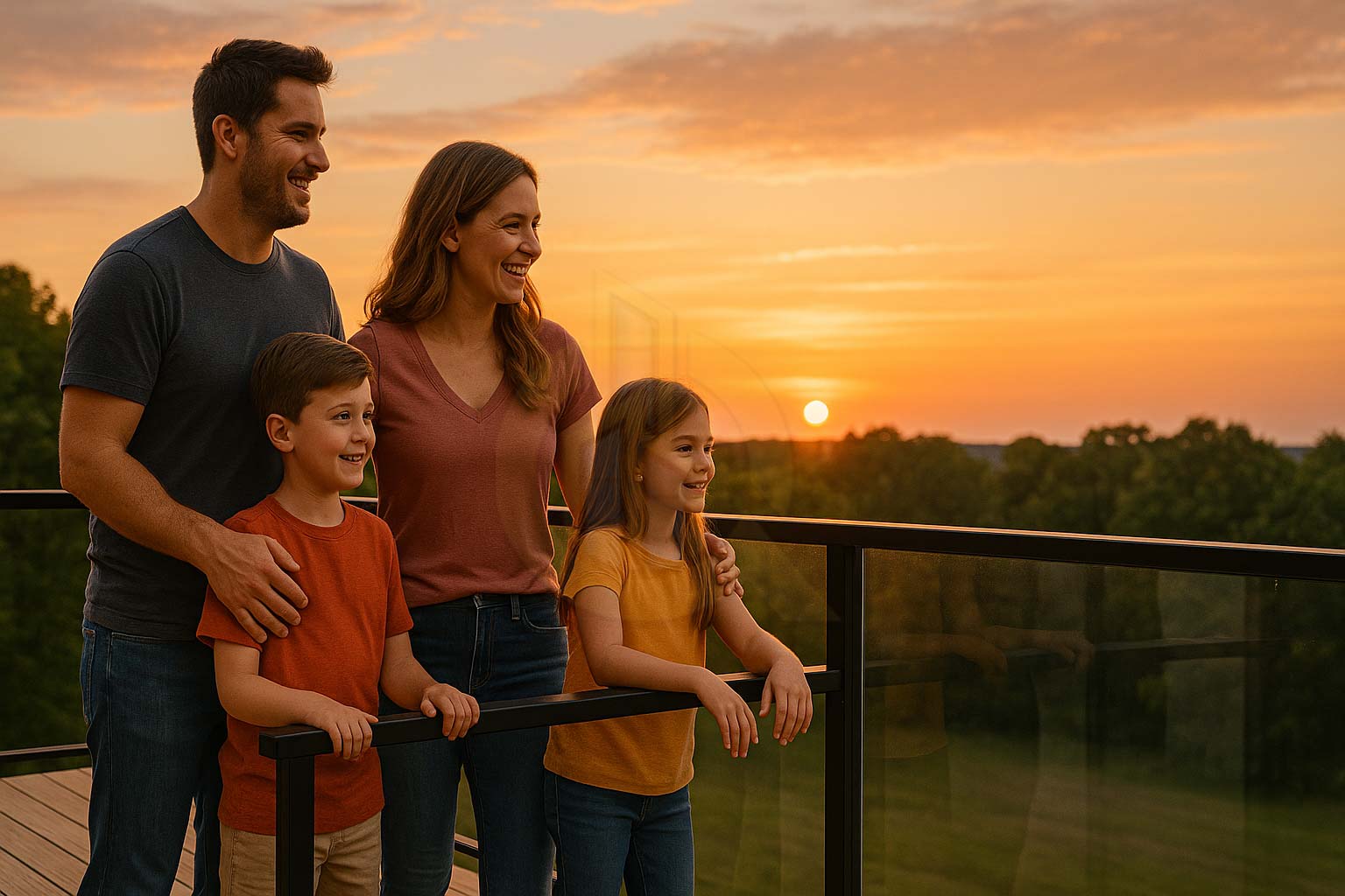 Multi-generational family relaxing on new glass-railed deck at golden hour