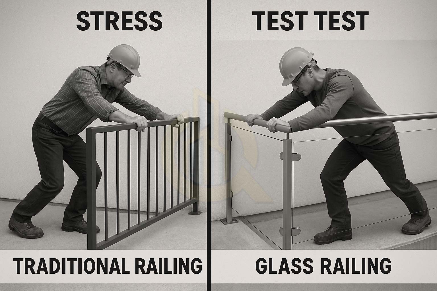 Side-by-side demonstration: Our tempered glass vs. traditional railing durability tests