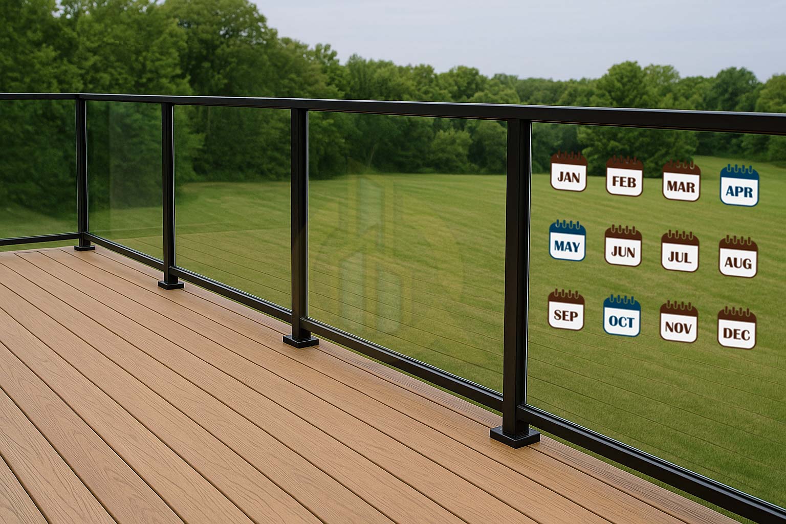 Color-coded calendar showing best months for fast glass railing permits in DMV