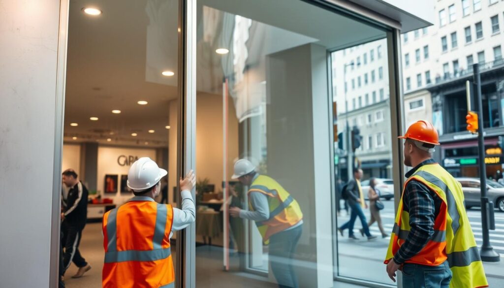 Construction workers installing a large commercial glass window on a storefront