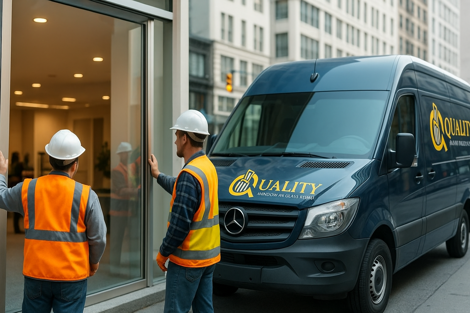 install a large glass window at a commercial building. A dark blue Mercedes Sprinter van branded with the Quality Window and Glass Repair logo is parked nearby