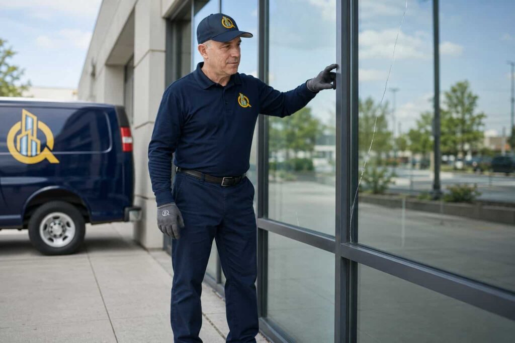 Branded glass technician assessing a cracked commercial storefront panel