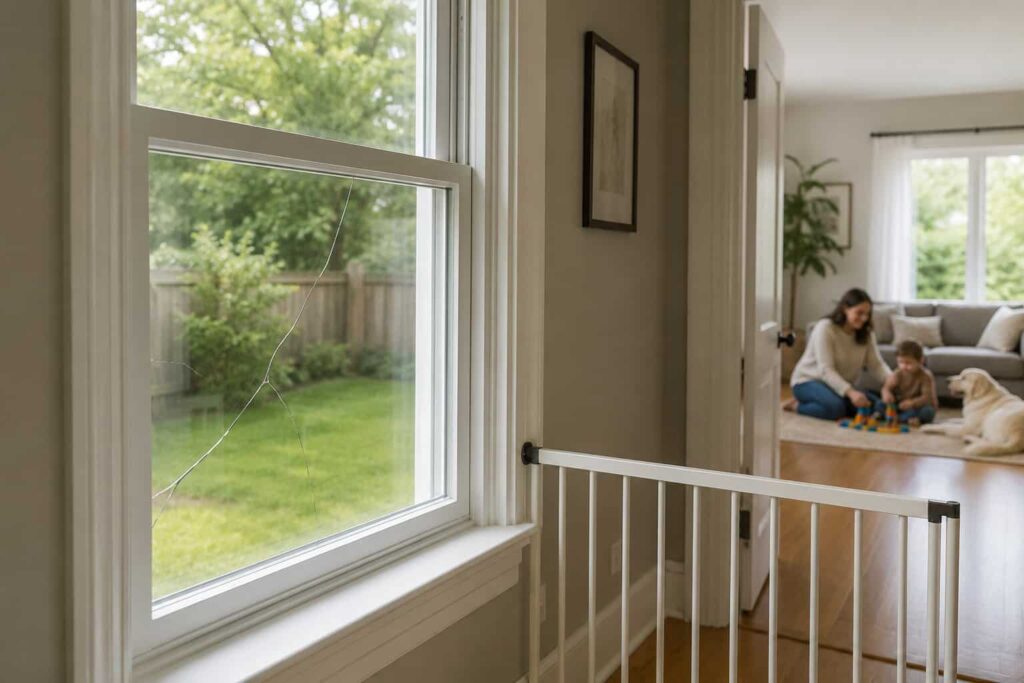 Cracked residential window safely restricted from children and pets
