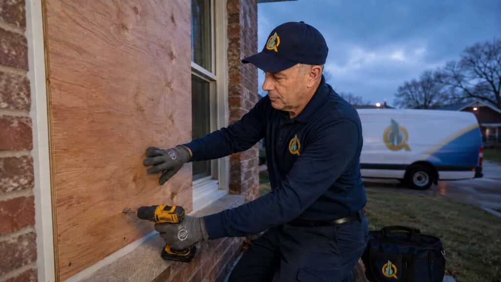 Branded technician professionally securing a broken window with emergency board-up