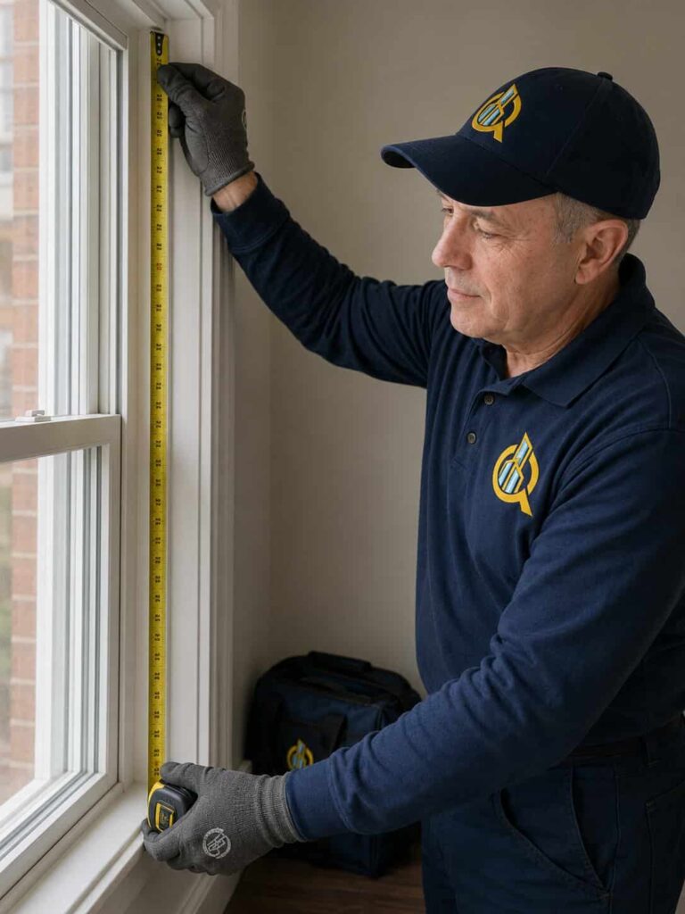 Branded technician measuring a window opening vertically with both hands