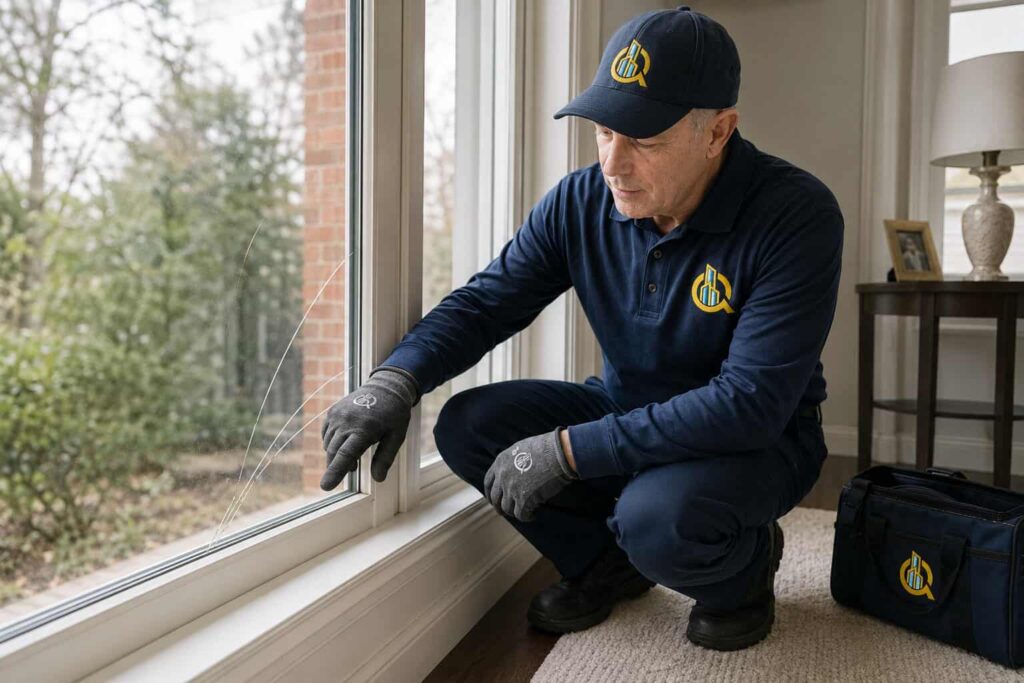 Branded technician inspecting a cracked double-pane residential window