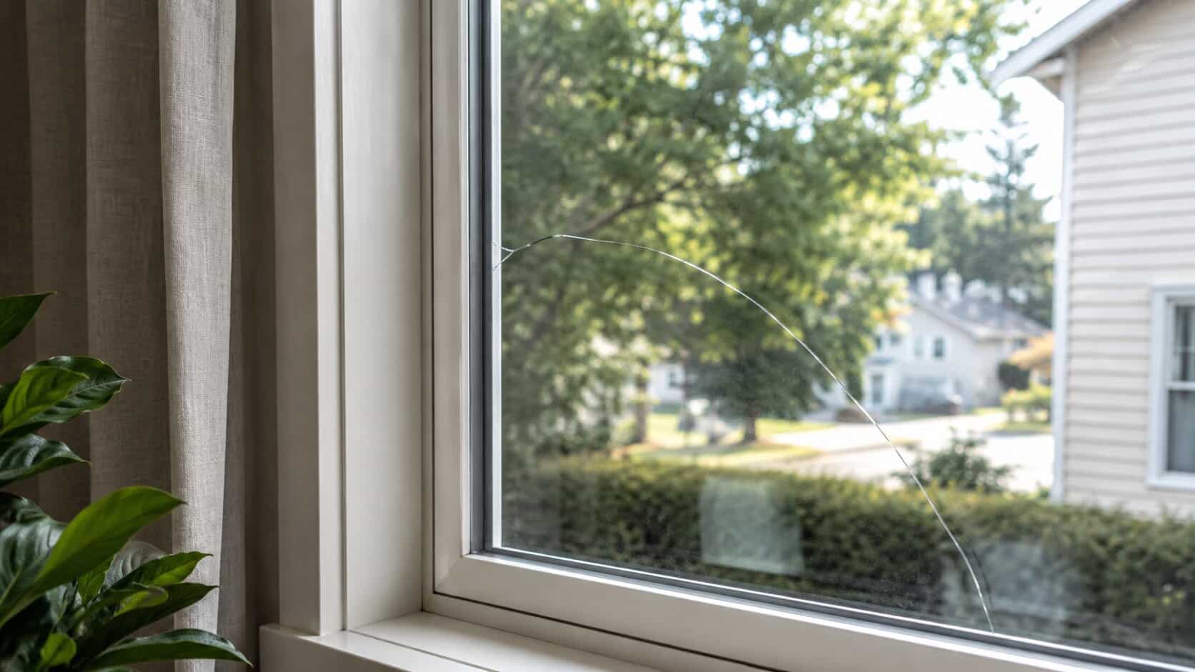 Residential window with a stress crack beginning near the edge of the glass pane
