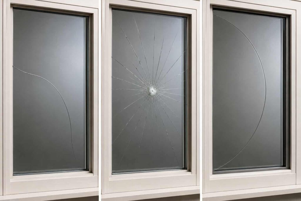 Comparison of thermal stress, impact, and pressure cracks in window glass
