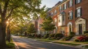Residential street scene representing Montgomery Village, MD