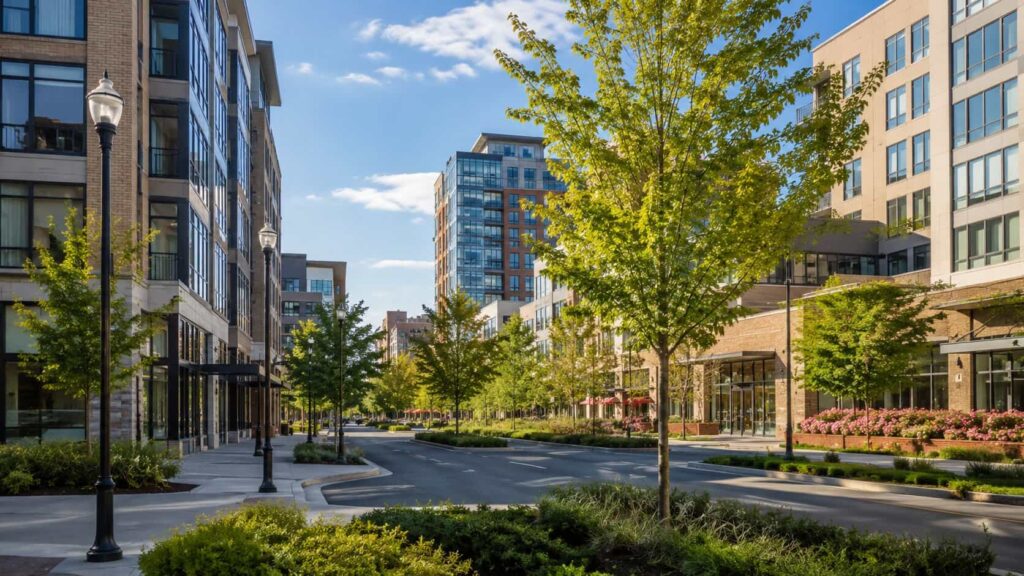 Pike District street scene representing North Bethesda, MD