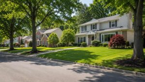 Residential street scene representing North Potomac, MD