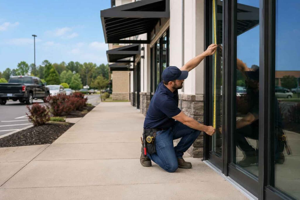 Technician inspecting commercial storefront glass panel in Clarksburg, MD