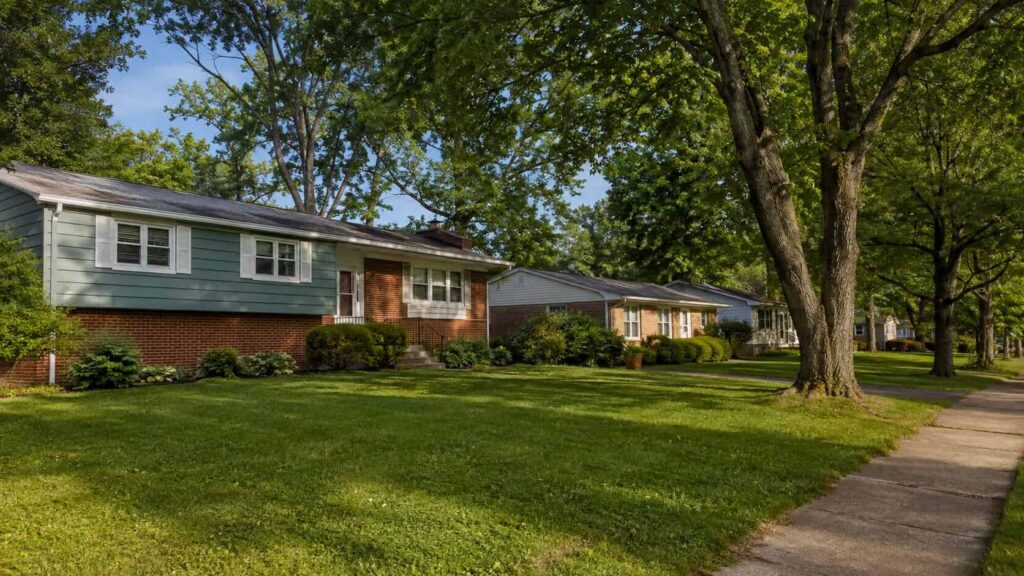 Mid-century residential street scene representing Bowie, MD