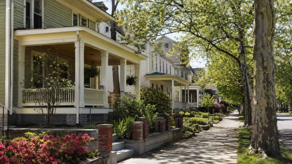 Historic residential street scene representing Riverdale Park, MD