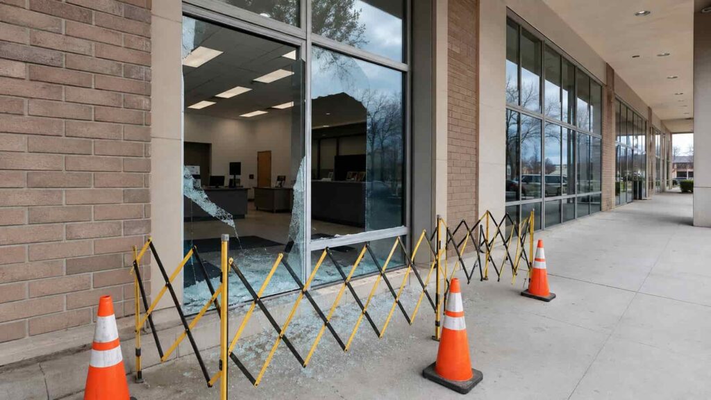 Damaged commercial storefront isolated with safety barriers after a glass break