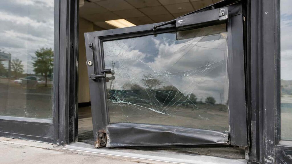 Damaged commercial glass entrance door with cracked safety glass and misaligned aluminum hardware