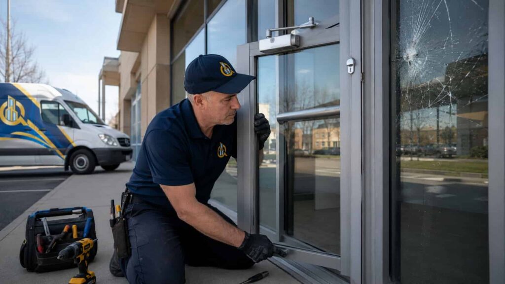 Branded technician inspecting a commercial storefront frame, entrance door hardware, glazing and adjacent glass