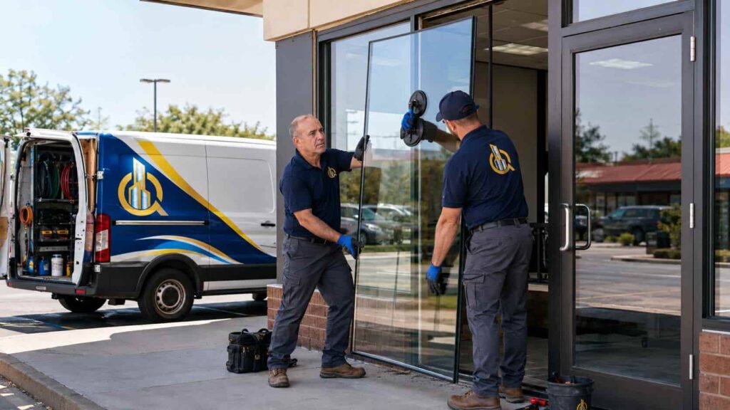 Professional technicians installing a new large glass panel into an existing commercial storefront frame