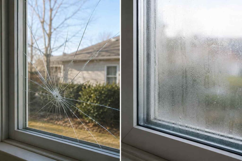 Side-by-side comparison of cracked single-pane glass and a foggy double-pane window
