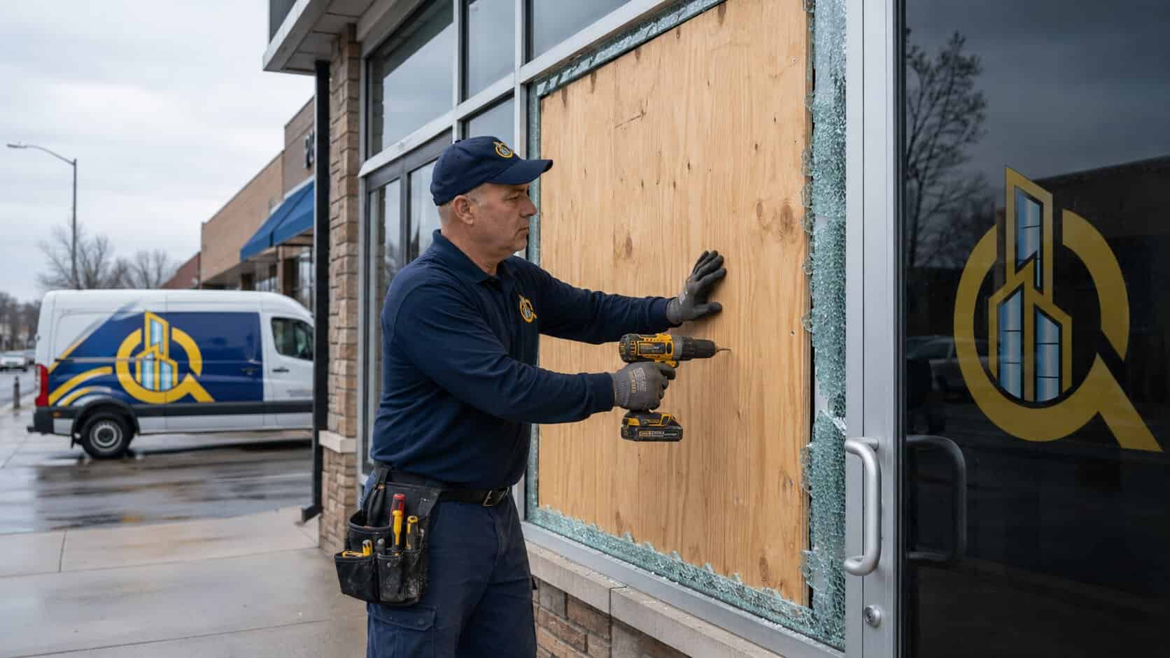 Branded glass technician securing a damaged commercial storefront opening with plywood in the DMV area