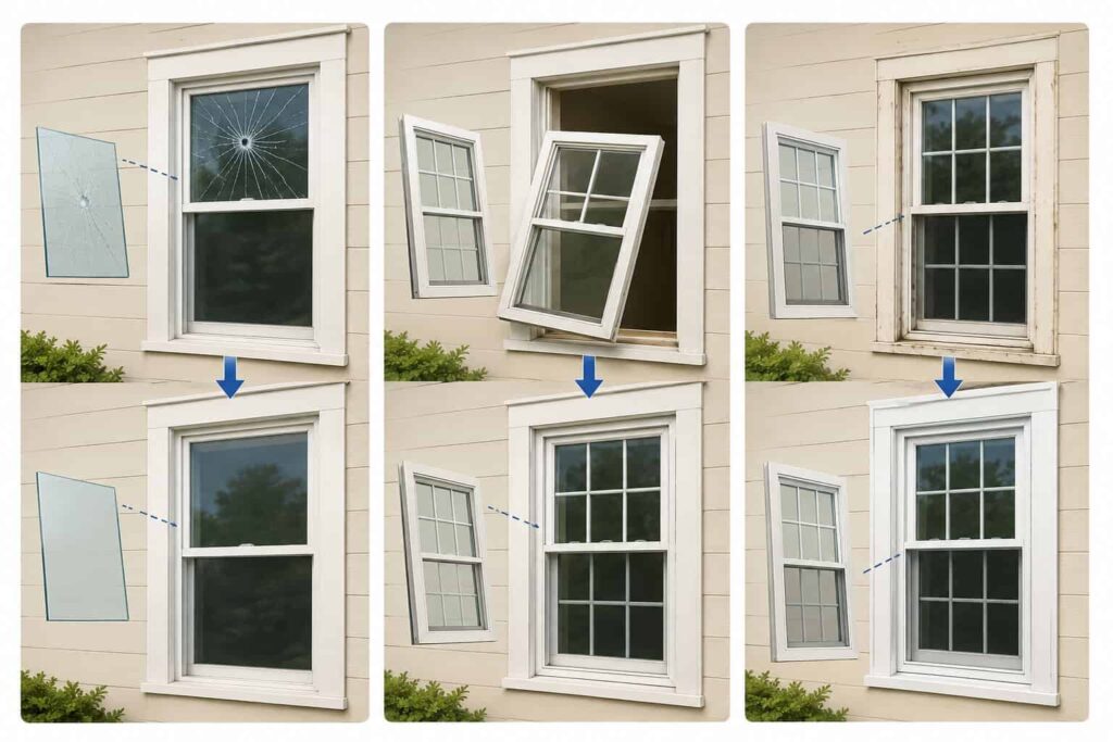 Visual comparison of glass-only replacement, sash replacement, and full-window replacement