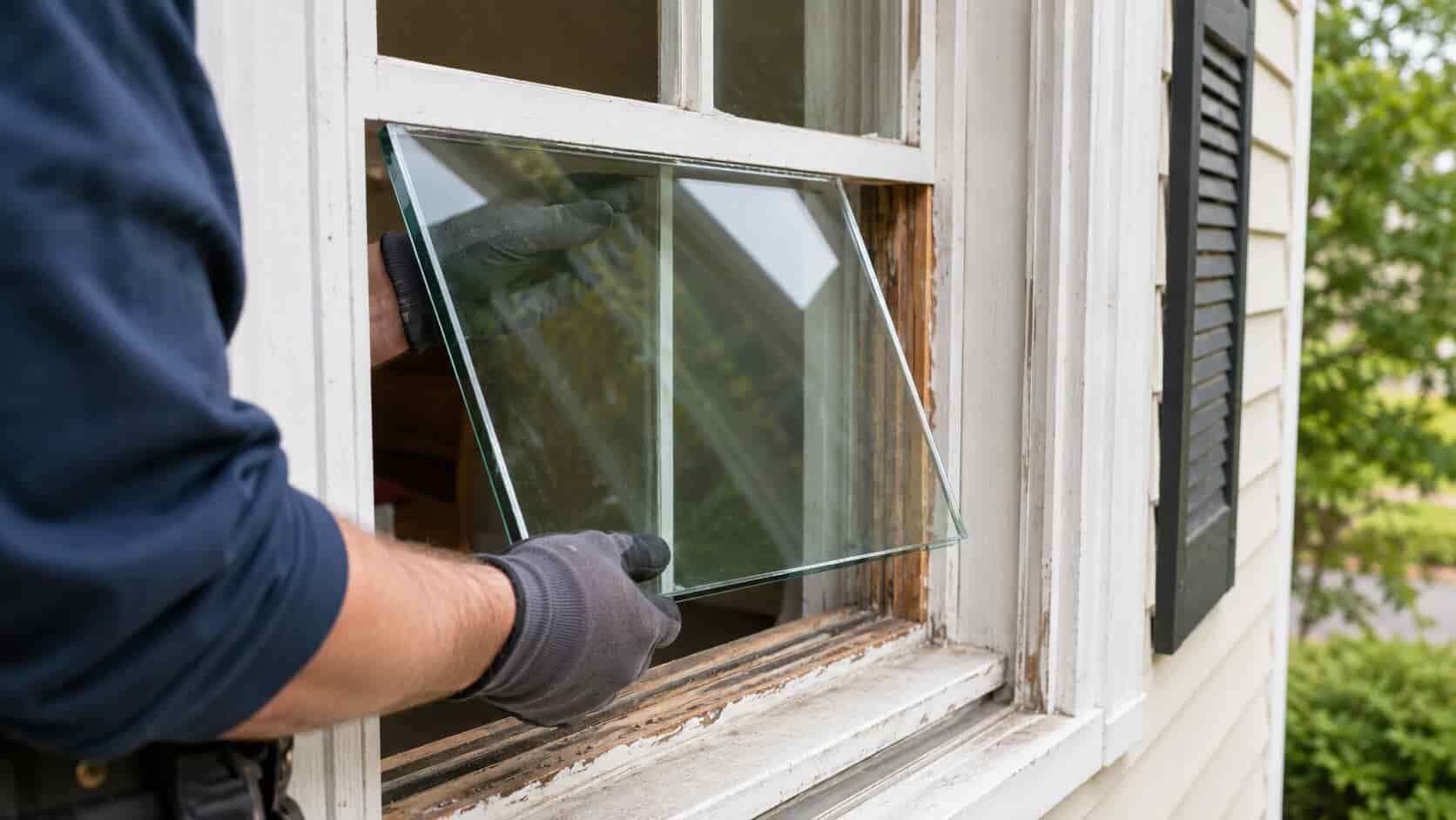 Technician installing new glass into an existing residential window sash