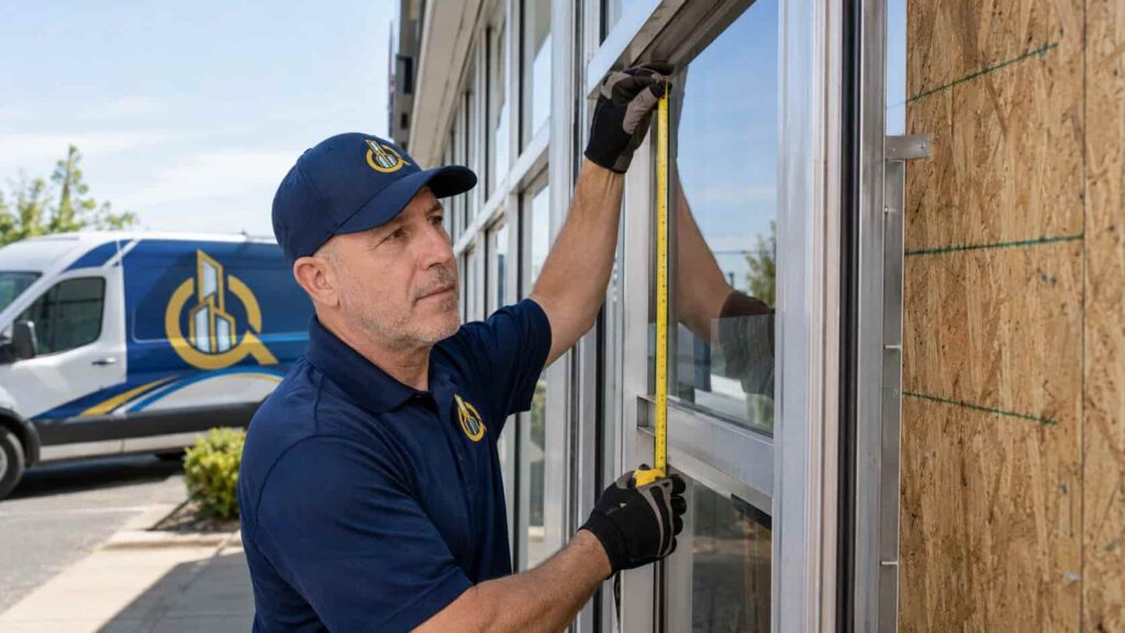 Branded technician measuring a temporarily secured storefront opening for permanent replacement glass
