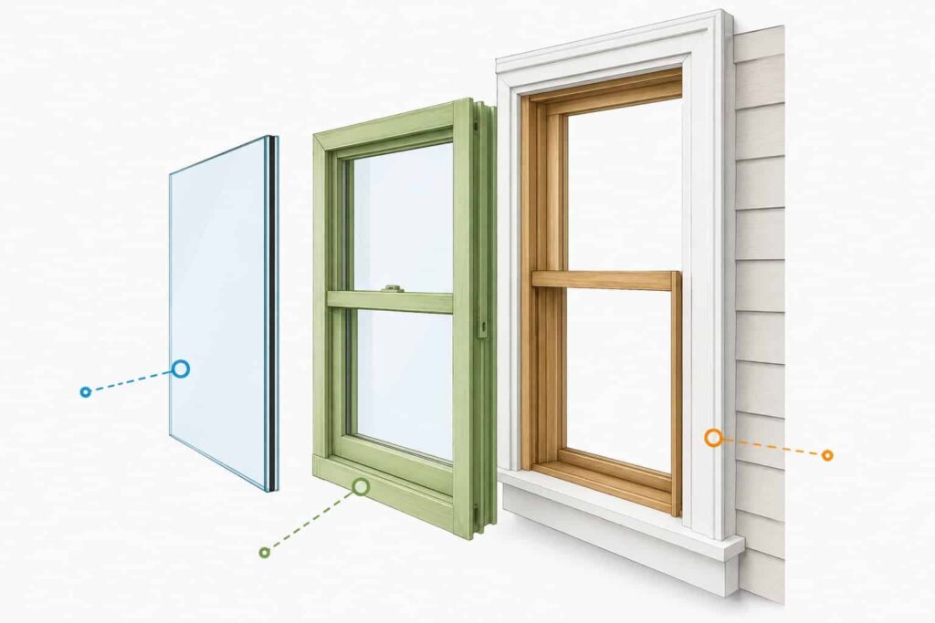 Diagram-style view showing separate window glass, sash, and frame components